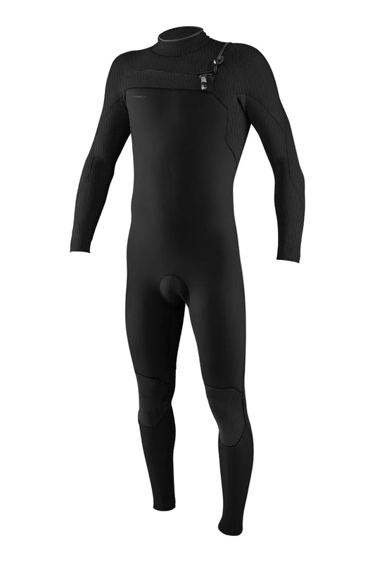 A black full-body O'Neill wetsuit with a chest zip design, featuring minimal seam design and Drain Holes.