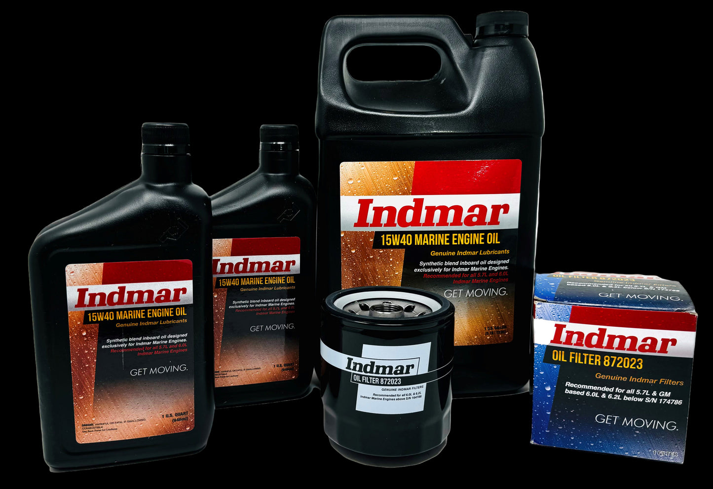 A set of Indmar oil service kits including 15w40 Indmar oil and filter for a 5.7L