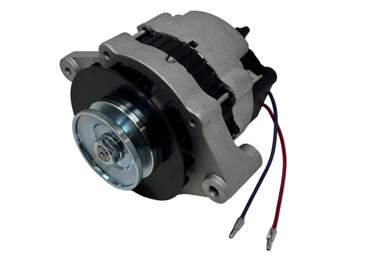 A used automotive alternator with a silver aluminum housing, black pulley, and blue/silver pulley rim, featuring two wires (red and blue) with metal connectors on a white surface.