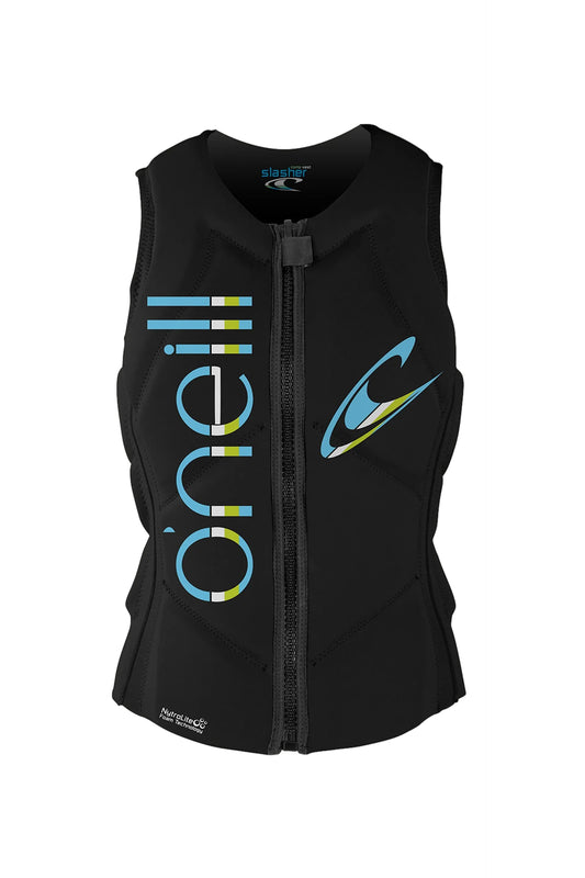 A black O'Neill Slasher Women's Competition Vest with a front zipper and branding on the chest.