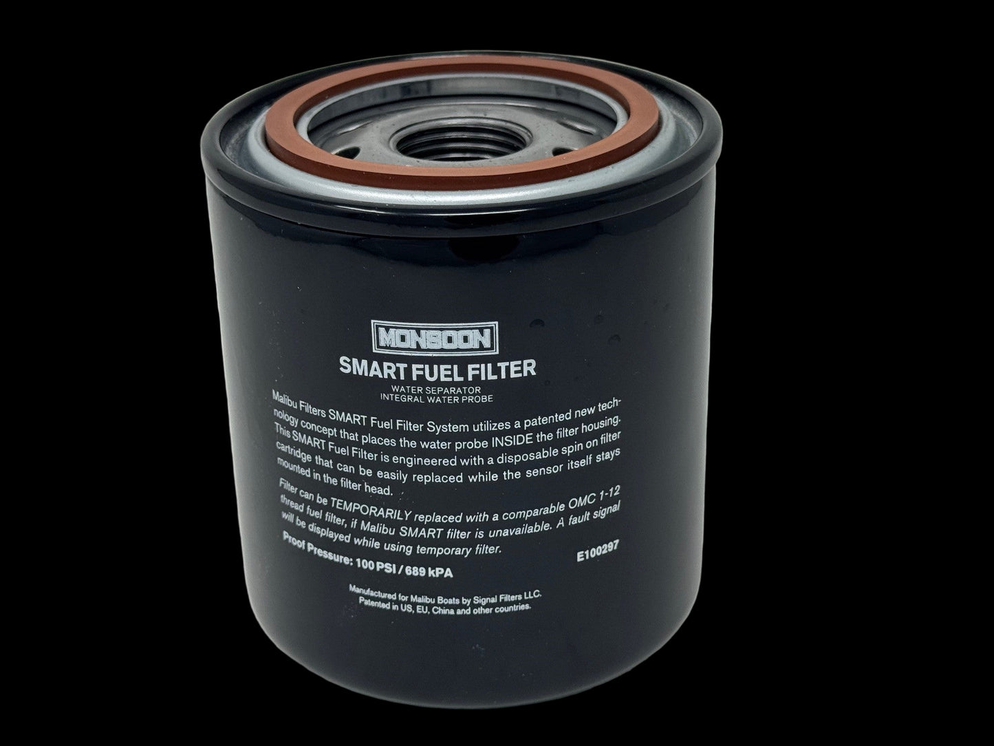 Black fuel filter with 'Monsoon' branding