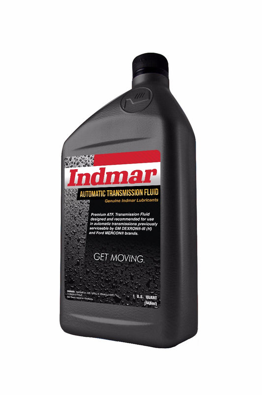 A quart bottle of Indmar ATF Dextron Mercron Transmission Oil with red and white label.
