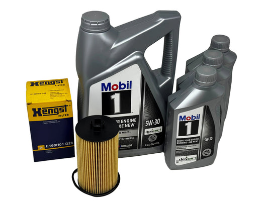 Mobil 1 5W-30 motor oil bottles and a Hengst filter box with a pleated gold and black oil filter, arranged on a white background.