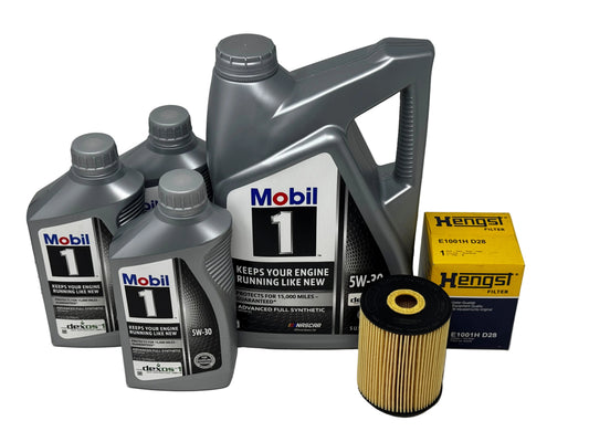 Malibu & Axis M5/M6 GEN2 oil change kit with 8 quarts Mobil 1 5W-30 full synthetic oil and Hengst E1001H filter. Fits select May 2020+ engines.