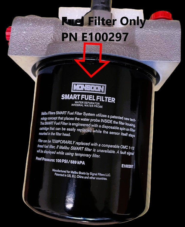 A black Malibu Smart Fuel Filter Water Separator with a label indicating it is for Monsoon engines and has a PN #10029