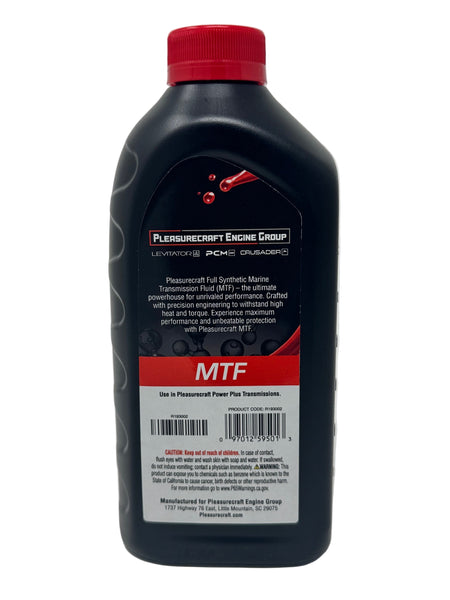 Bottle of Pleasurecraft Engine Group MTF synthetic transmission fluid on a white background