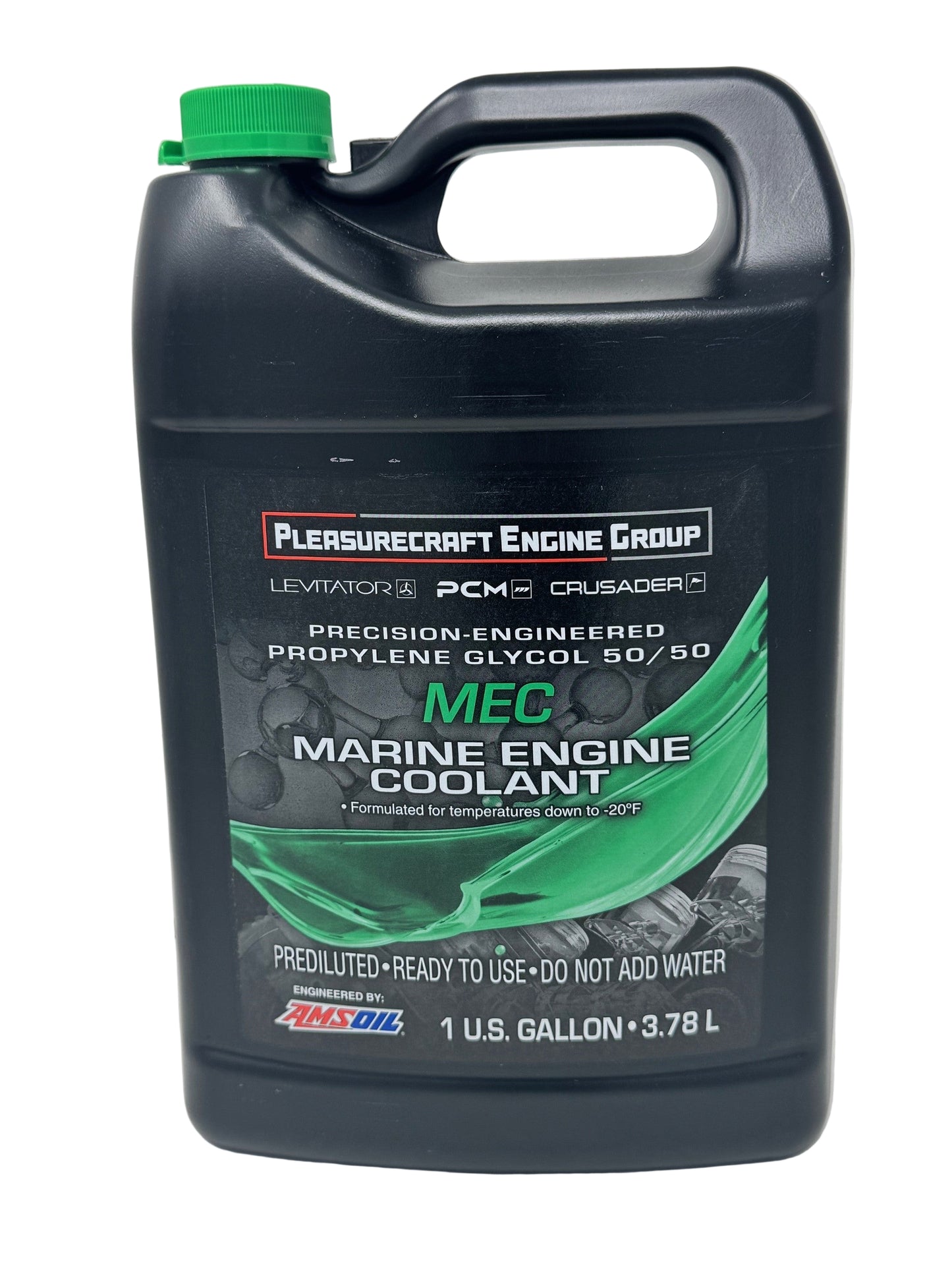 Pleasurecraft Marine engine coolant container with green label on a white background