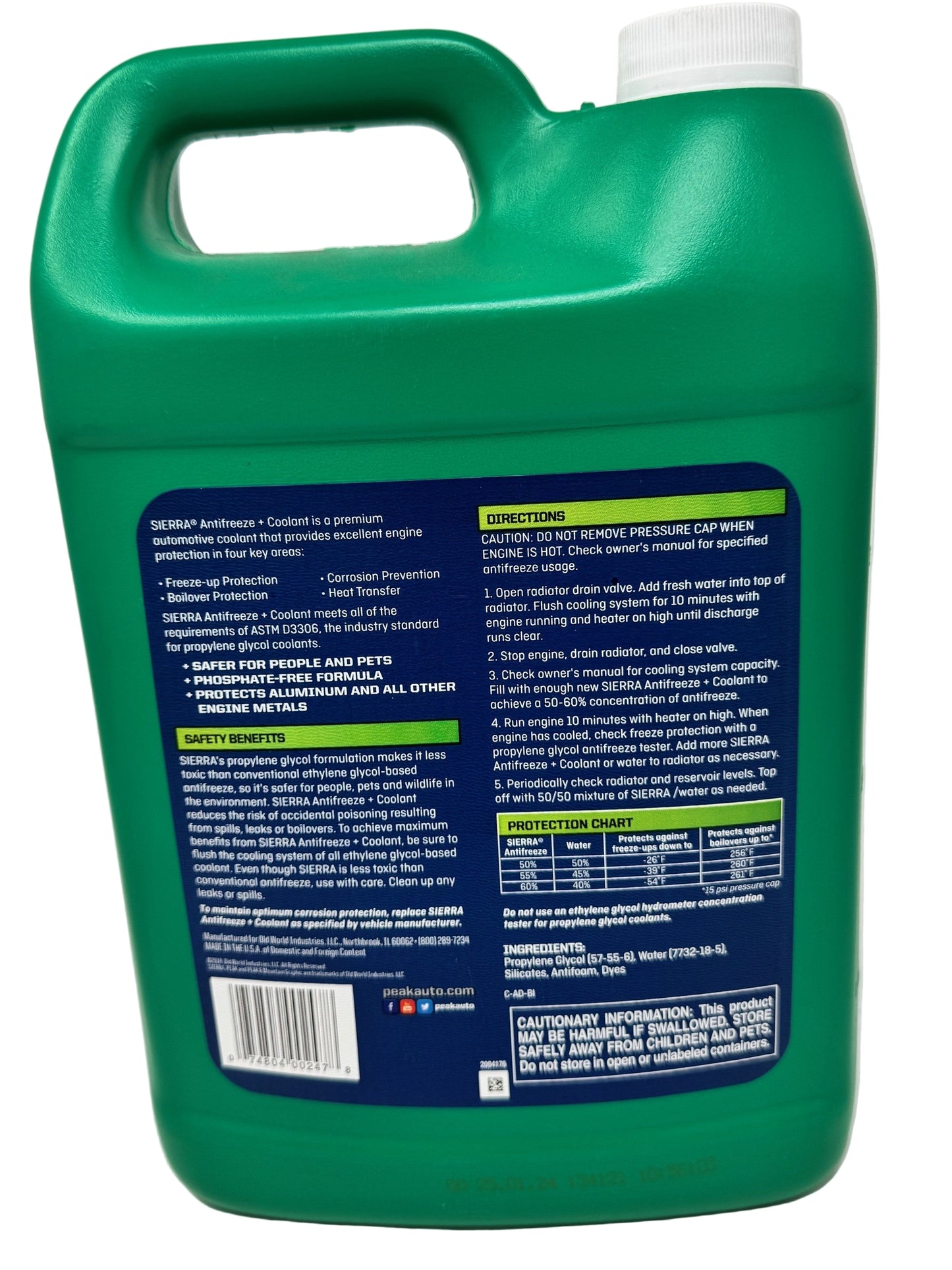 Green container with a blue label on a white background