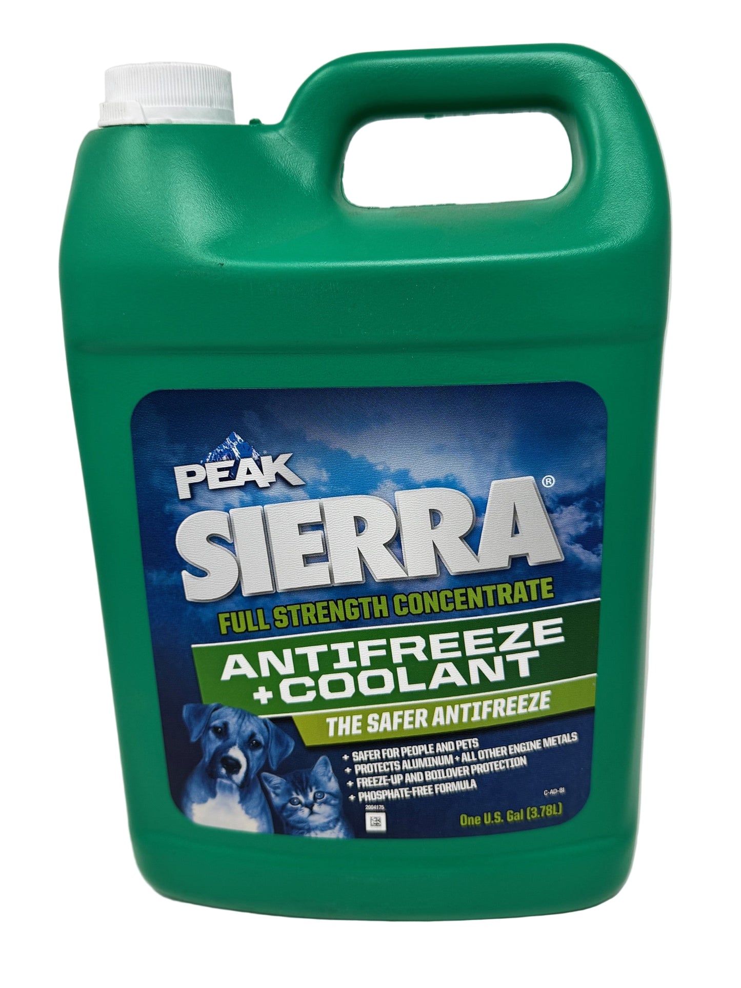 Green bottle of Peak Sierra antifreeze and coolant on a white background