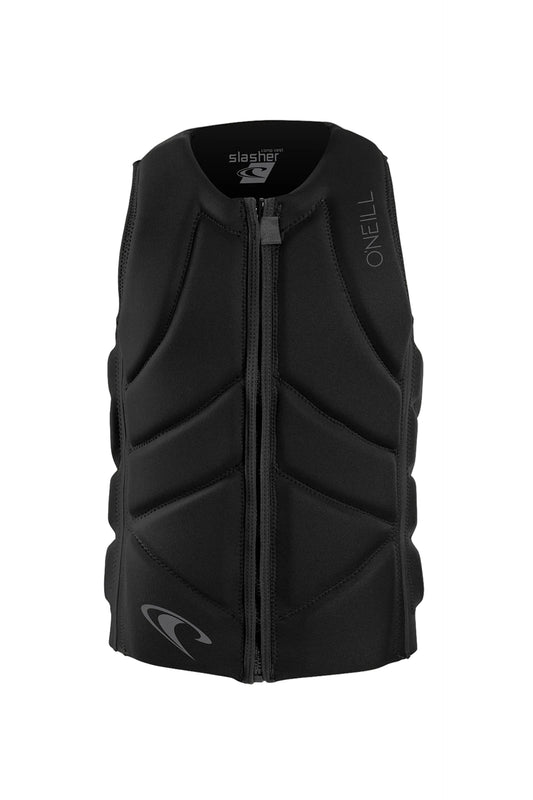 Black O'Neill Slasher Comp Vest with a front zipper and minimal bulk design, featuring integrated lumbar support and an anatomical fit.