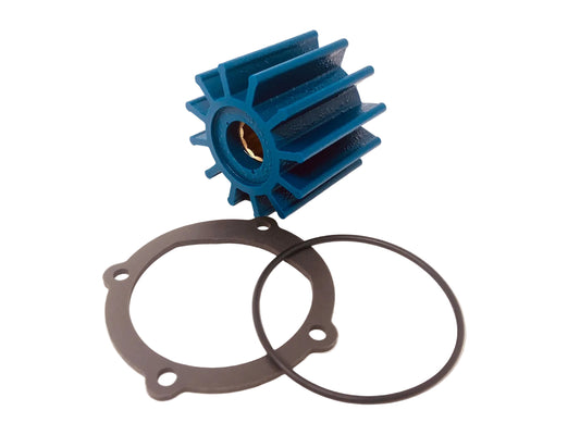 A blue watercraft impeller alongside a black gasket and two metal rings, isolated on a white background.