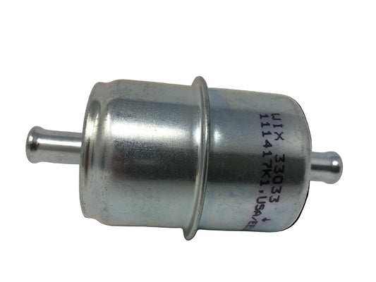 A silver WIX 33033 fuel filter with a 1/4 inch barb for watercraft, with visible product code and branding on the side.