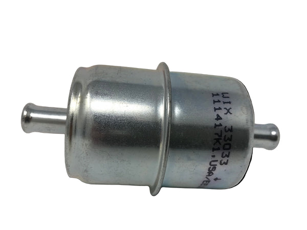 A silver WIX 33033 fuel filter with a 1/4 inch barb for watercraft, with visible product code and branding on the side.