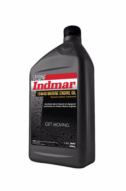 A quart-sized container of Indmar 15W-40 Marine Engine Oil with branding and product information on the label.