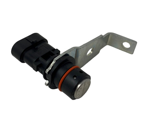 A black crank position sensor with metal attachments, typically used in boat engines.