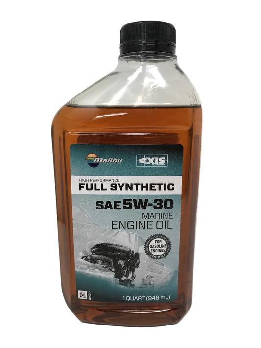 A quart bottle of Malibu Full Synthetic SAE 5W-30 Marine Engine Oil.