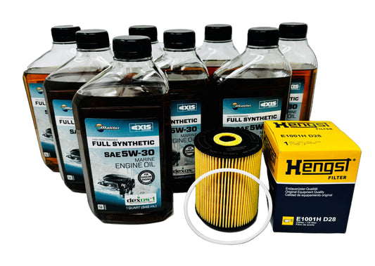 A set of oil and filter service kits including 8 quarts of Malibu 5W-30 full synthetic Dexos oil and a Hengst E1001H oil filter.