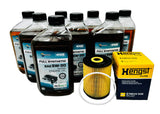 A set of oil and filter service kits including 8 quarts of Malibu 5W-30 full synthetic Dexos oil and a Hengst E1001H oil filter.