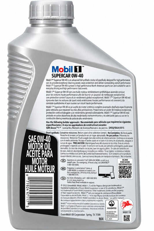 Mobil 1 Supercar 0W-40 Full Synthetic Oil – Malibu LT4 – 1 Quart