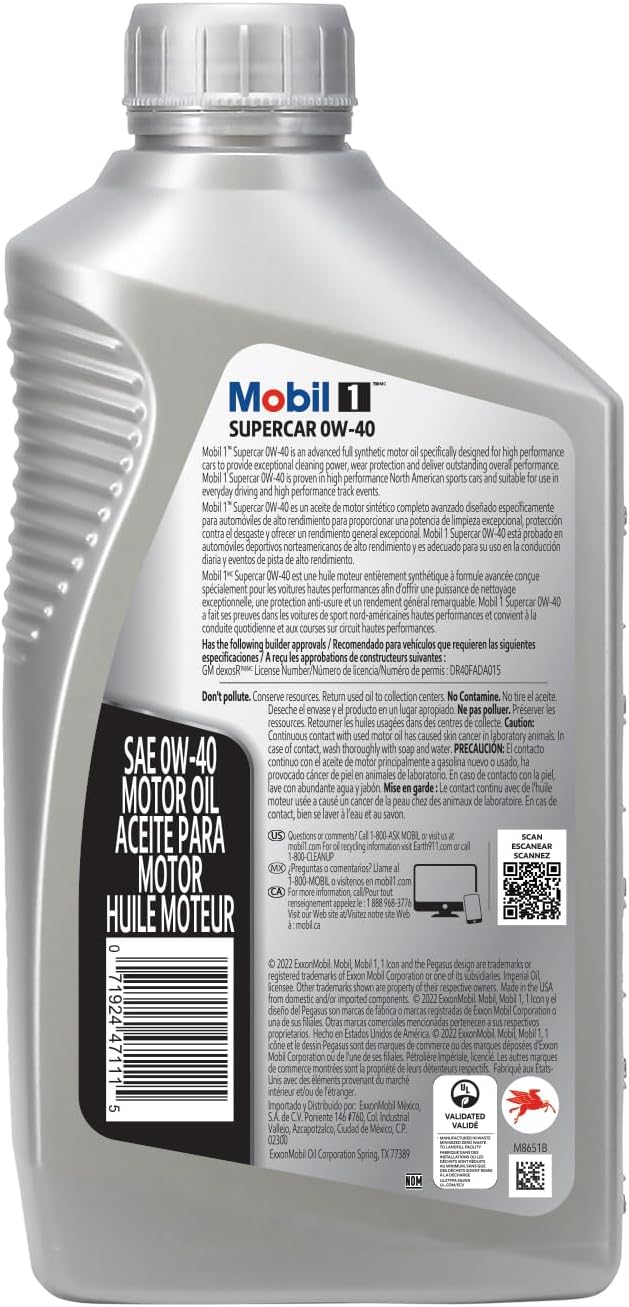 Mobil 1 0W-40 Dexos Full Synthetic Oil Quart