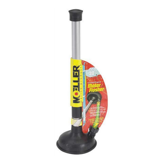 Moeller Inboard Engine Adjustable Flusher, primarily black in color with some yellow and red branding, packaged with a product label.