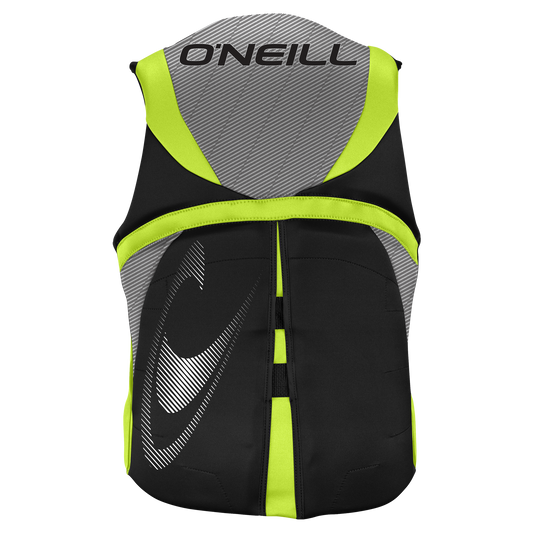 back of the Green O'Neill Reactor USCG approved Level 70 life vest for wakeboarding and wakesurfing