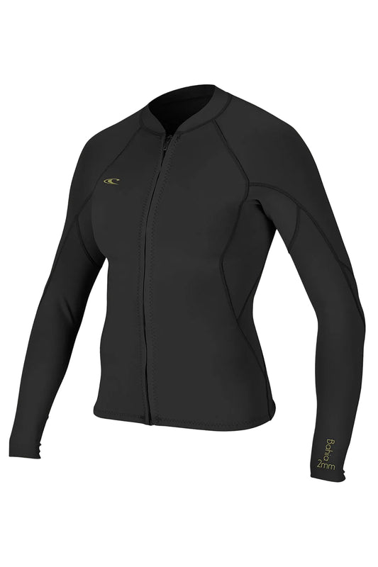 O'Neill Bahia women's sleeveless front zip neoprene top in black color with strategic seam placement and breathable seams.