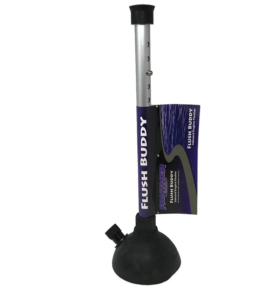 A Panther Flush Buddy fake lake inboard motor flush tool with a black rubber cup, metal shaft, and adjustable length settings, standing upright against a white background with a product packaging visible to the right.