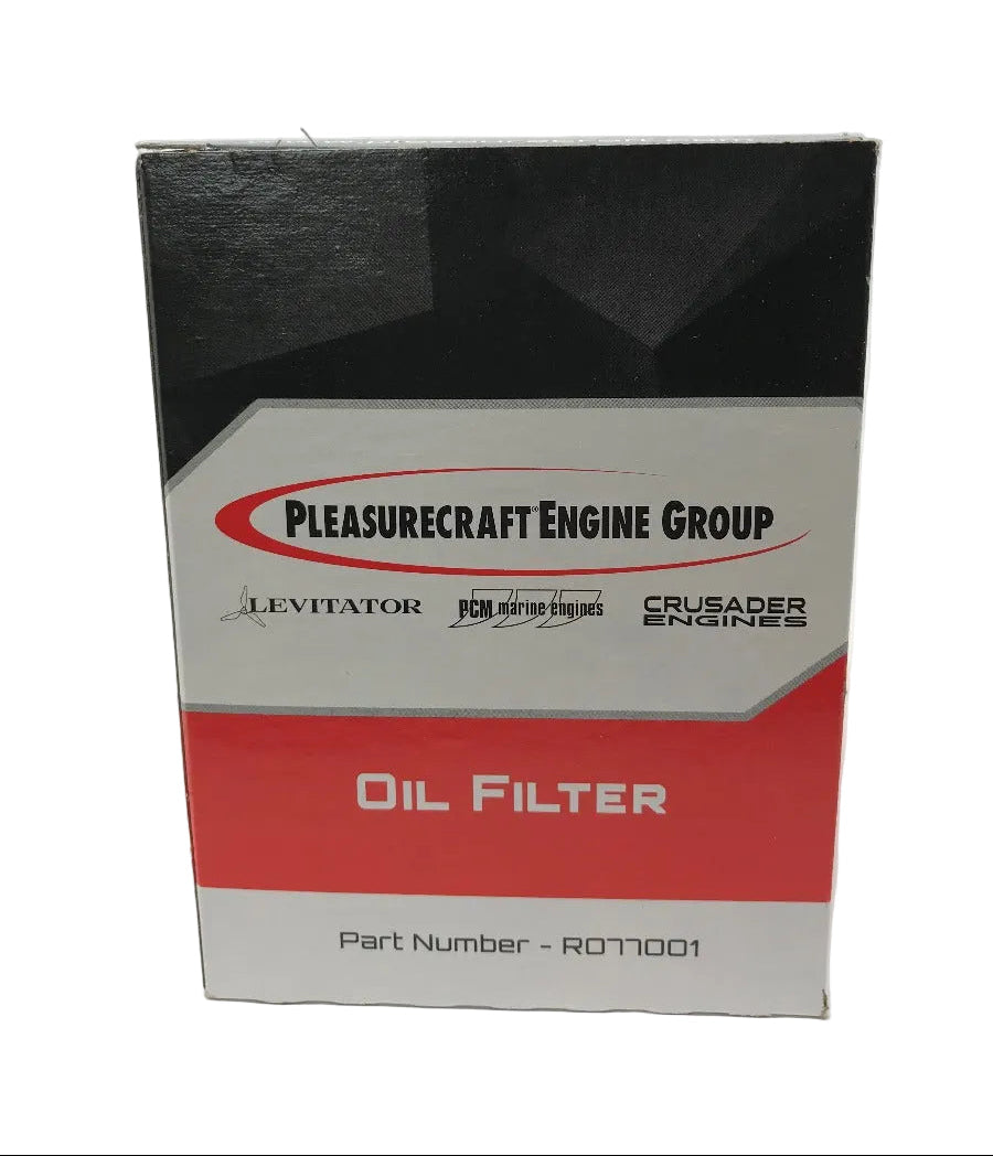 Pleasurecraft Engine Group oil filter box, part number RD71001, featuring a black, white, and red design.