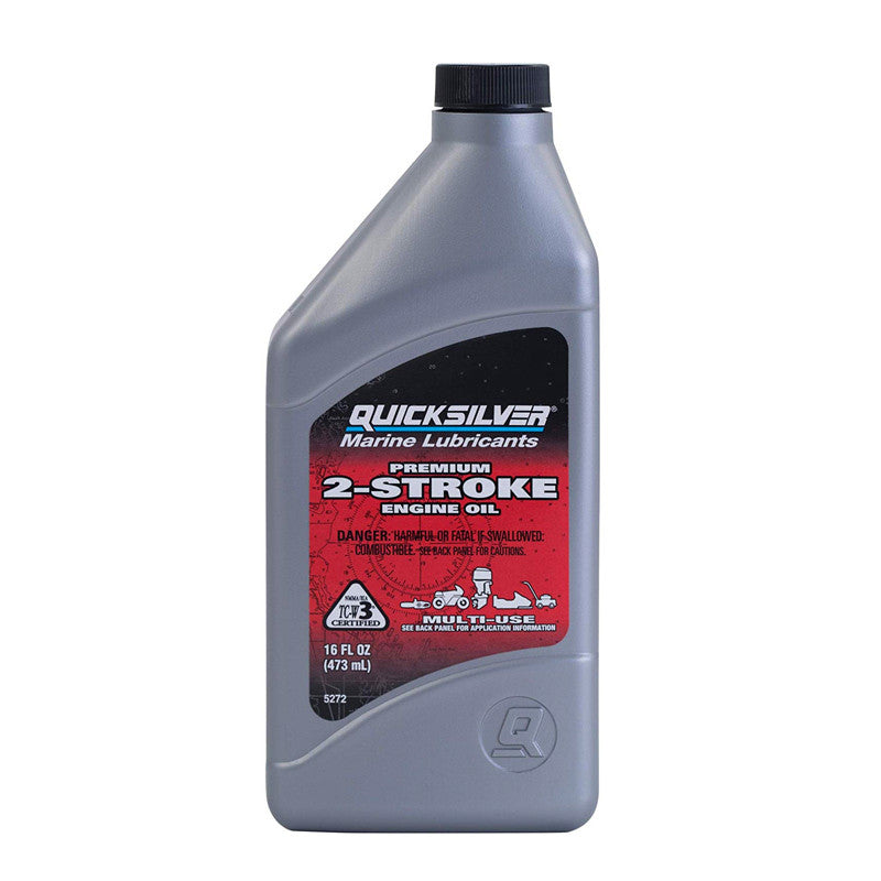 Quicksilver marine lubricants 2-stroke engine oil bottle on a white background