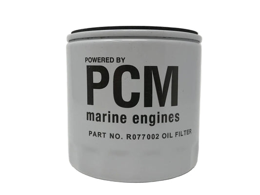 A gray metal canister with the label PCM Marine Engines Part No. R077002 Oil Filter.