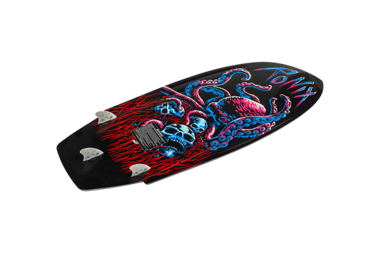 Bottom of Ronix Tuff Tech Sea Captain wakesurf board with three-fin thruster setup