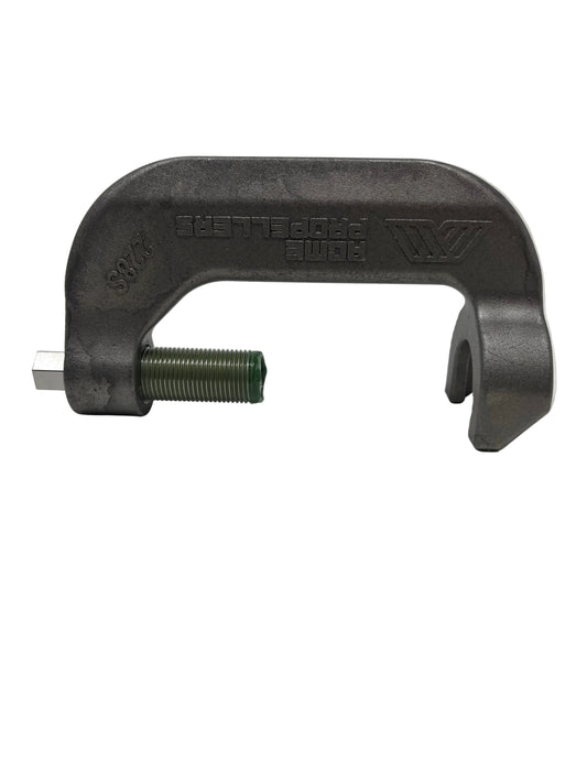 C-clamp with a green bolt on a white background