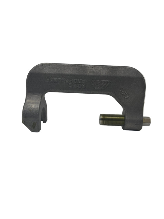 Metal C-clamp with a bolt on a white background