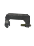 Metal C-clamp with a bolt on a white background