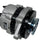 A used marine alternator with a silver metal housing, black ribbed belt cover, and a blue-tinted pulley, shown on a light gray surface.