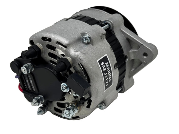 A used marine alternator with a silver aluminum housing, black pulley and belt cover, and a black label reading 'MAINE SAE J174'.