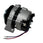 A used automotive alternator with a silver metal housing, black ribbed pulley, and two wires (red and blue) with metal connectors, photographed on a light gray surface.