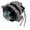 A used automotive alternator with a silver aluminum housing, black pulley, and blue/silver pulley rim, featuring two wires (red and blue) with metal connectors on a white surface.