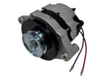A used automotive alternator with a silver aluminum housing, black pulley, and blue/silver pulley rim, featuring two wires (red and blue) with metal connectors on a white surface.