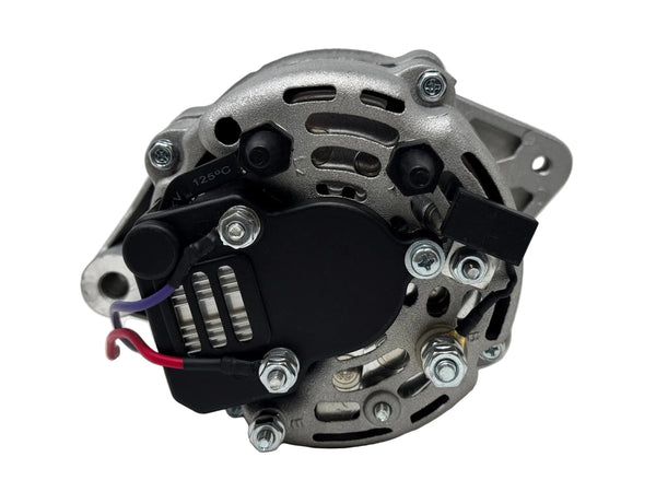 A used automotive alternator with a silver metal housing, black pulley and bracket assembly, and attached red and purple wires, photographed on a white background.
