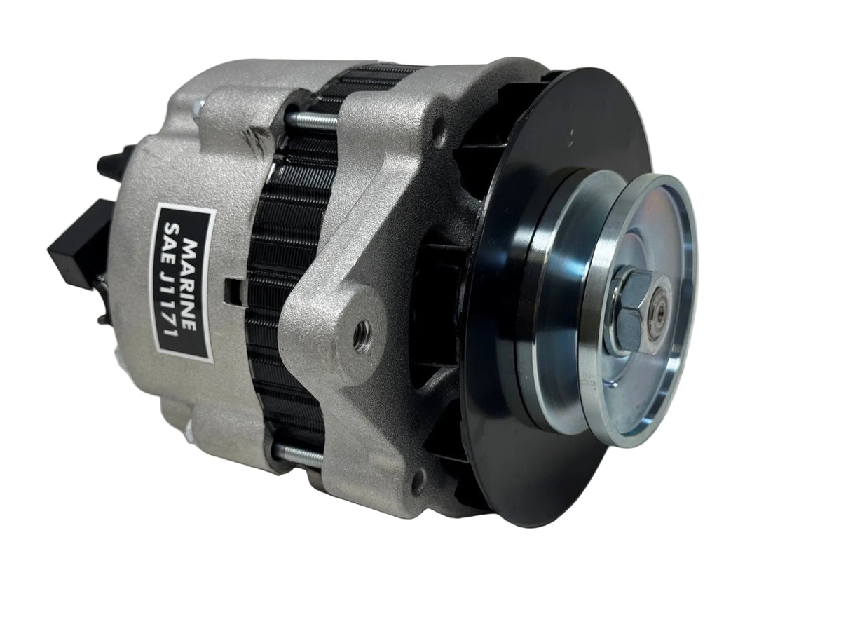A used marine alternator with a silver aluminum body, black ribbed pulley, and a blue-accented silver pulley wheel, shown on a light gray background.