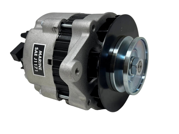 A used marine alternator with a silver aluminum body, black ribbed pulley, and a blue-accented silver pulley wheel, shown on a light gray background.