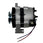 A used automotive alternator with a silver metal body, black pulley and internal components, and two wires (red and blue) extending from the side, photographed on a light gray surface.