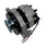 A used silver and black alternator with a blue metallic pulley and attached red and blue wires, photographed on a light gray surface.