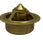 A gold-colored metal marine thermostat against a white background.