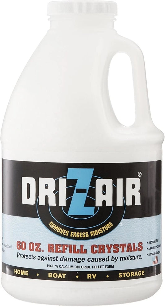 A white plastic gallon jug of Driz-Air 60 oz. Refill Crystals, designed for home, boat, RV, and storage use.