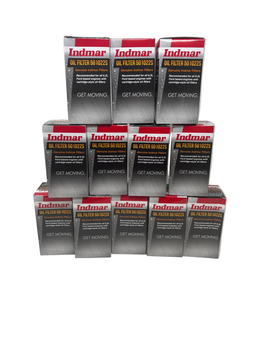 Multiple boxes of Indmar oil filters stacked on a white background