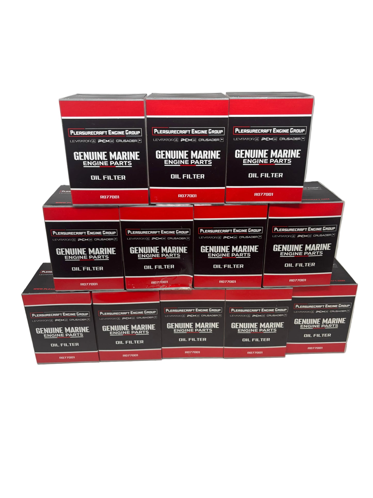 Stack of Plumas Marine Engine Parts oil filter boxes on a white background