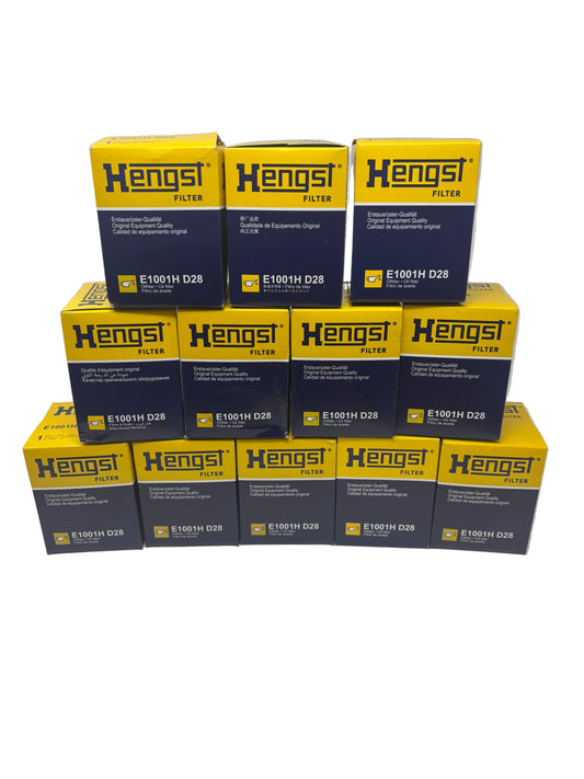Stack of Hengst filter boxes on a white background